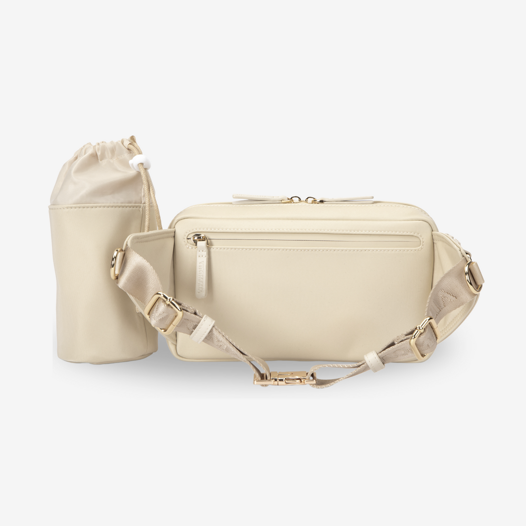 Multifunktionale Gassitasche für Hundebesitzer als Bauchtasche in Beige: Mit herausnehmbaren Leckerlifächern, Kotbeutelspender und Wasserflaschenhalter - Vitomalia - Gassitasche