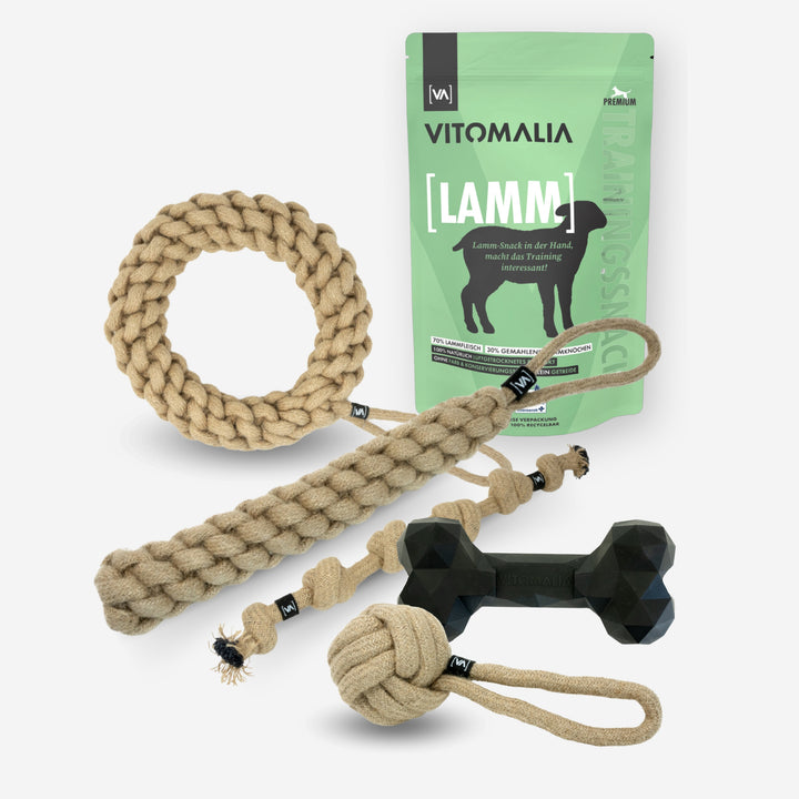 Bundle Natural Hemp Tug & Retrieve Toy + Extreme Bone & Training Treats Lamb - L