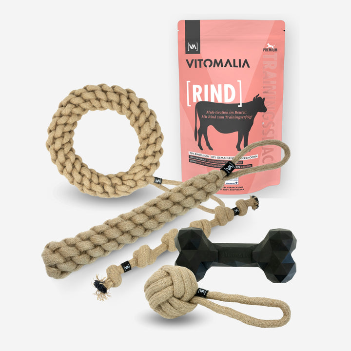 Bundle Natural Hemp Tug & Retrieve Toy + Extreme Bone & Snacks de entrenamiento Beef - L